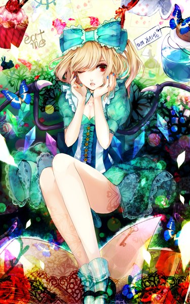 Anime picture 1000x1600 with alice in wonderland touhou flandre scarlet renkarua single tall image looking at viewer fringe short hair open mouth blonde hair red eyes nail polish one eye closed fingernails short sleeves alternate costume puffy sleeves legs alternate hairstyle