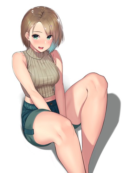 Anime picture 1251x1770 with original kagematsuri single tall image looking at viewer blush fringe short hair open mouth simple background brown hair white background sitting bare shoulders green eyes from above shadow girl navel shorts