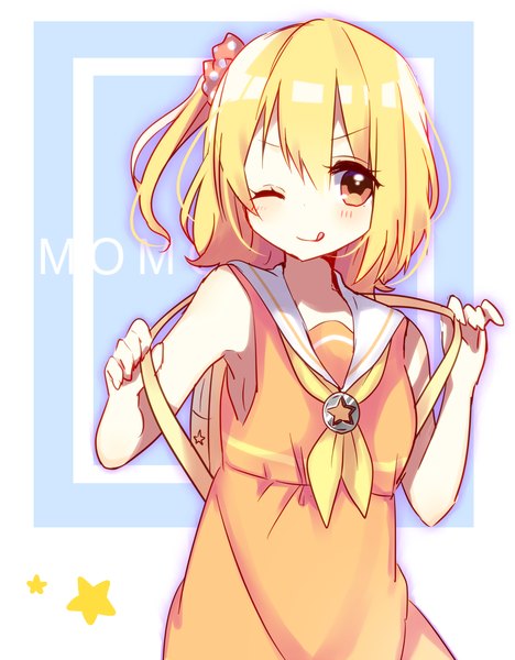 Anime picture 1232x1577 with kagerou project shaft (studio) kisaragi momo mafuyu (chibi21) single tall image looking at viewer blush short hair blonde hair smile orange eyes character names one side up girl tongue sailor suit backpack