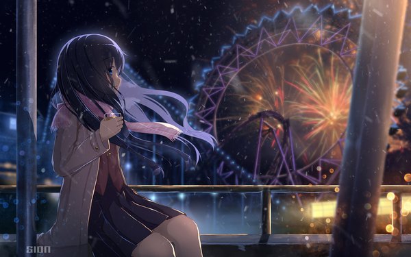 Anime picture 1920x1200 with original sion005 single long hair fringe highres open mouth blue eyes black hair hair between eyes sitting holding signed looking away outdoors long sleeves profile pleated skirt arm up wind