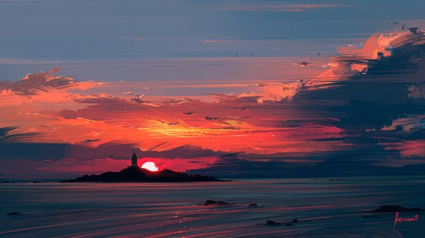 Anime picture 1920x1080 with original aenami highres wide image signed sky cloud (clouds) wallpaper evening sunset horizon no people landscape scenic water sea sun island