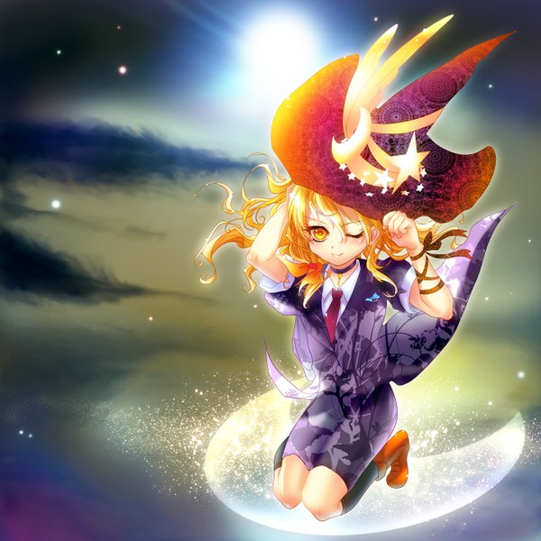 Anime picture 1320x1320 with touhou kirisame marisa inuboe single blush blonde hair yellow eyes sky braid (braids) one eye closed wink witch girl thighhighs ribbon (ribbons) bow star (stars) witch hat
