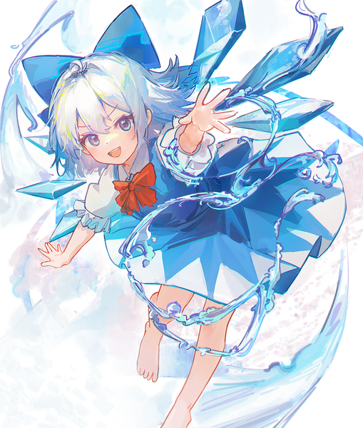 Anime picture 1832x2161 with touhou cirno calcite single tall image looking at viewer fringe highres short hair open mouth blue eyes hair between eyes silver hair full body :d barefoot anaglyph girl dress bow