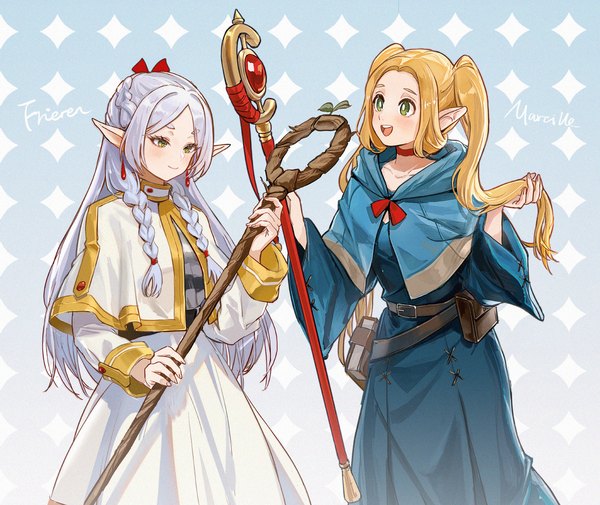 Anime picture 1500x1263 with sousou no frieren dungeon meshi studio trigger frieren marcille donato achyue long hair open mouth blonde hair smile twintails multiple girls green eyes silver hair :d pointy ears character names alternate hairstyle elf half updo