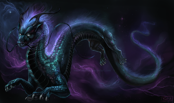 Anime picture 1280x759 with original rajewel (artist) wide image signed yellow eyes horn (horns) dark background purple background space lightning animal star (stars) dragon claws mustache