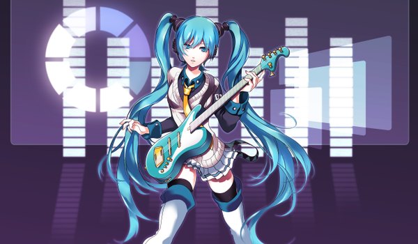 Anime picture 2566x1500 with vocaloid hatsune miku single long hair highres open mouth blue eyes wide image twintails very long hair aqua eyes aqua hair music girl thighhighs skirt black thighhighs guitar