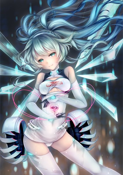 Anime picture 744x1052 with vocaloid goodsmile racing hatsune miku racing miku racing miku (2014) tagme (artist) single long hair tall image looking at viewer breasts blue eyes light erotic twintails bare shoulders aqua hair girl thighhighs gloves white thighhighs