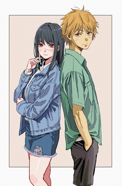 Anime picture 754x1148 with chainsaw man mappa denji (chainsaw man) mitaka asa yoru (chainsaw man) shiren (ourboy83) long hair tall image looking at viewer short hair black hair simple background blonde hair red eyes standing open jacket border scar hand in pocket outside border
