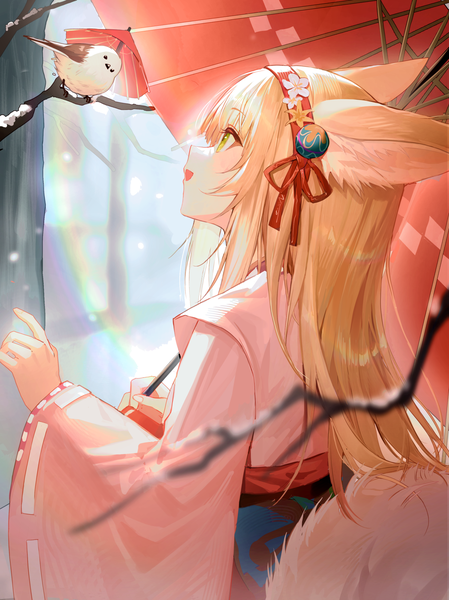 Anime picture 1234x1648 with arknights suzuran (arknights) suzuran (yukibare) (arknights) kernel killer single long hair tall image blush open mouth blonde hair green eyes animal ears outdoors traditional clothes :d japanese clothes profile fox ears official alternate costume fox girl