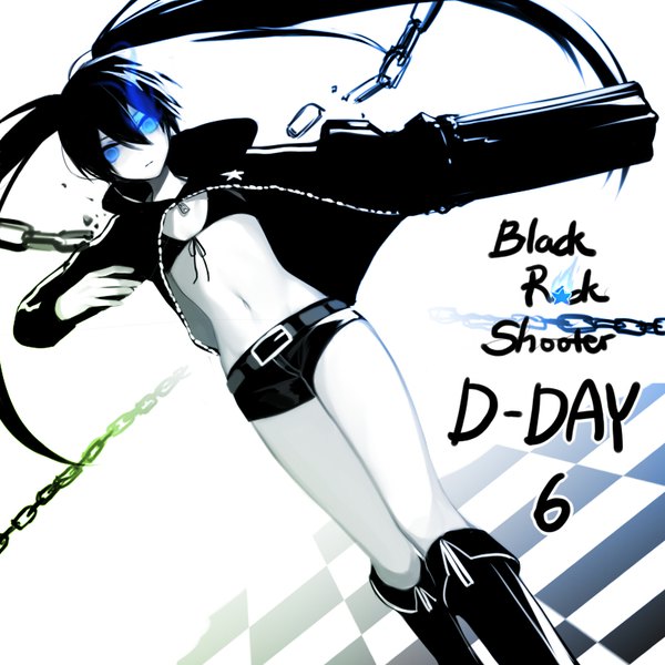 Anime picture 800x800 with black rock shooter black rock shooter (character) asd13 single long hair fringe blue eyes black hair simple background hair between eyes twintails copyright name glowing glowing eye (eyes) arm cannon girl weapon shorts short shorts chain