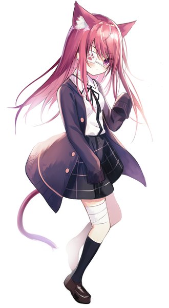Anime picture 2060x3744 with original satou (3366 s) single long hair tall image looking at viewer fringe highres simple background red eyes white background animal ears full body red hair tail long sleeves animal tail cat ears cat girl cat tail
