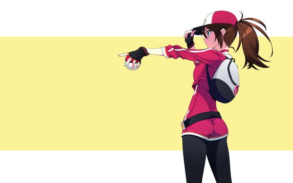 Anime picture 1920x1200 with pokemon pokemon (game) pokemon go nintendo female protagonist (pokemon go) murakami suigun single long hair fringe highres blue eyes simple background hair between eyes brown hair holding looking away ass ponytail profile from behind