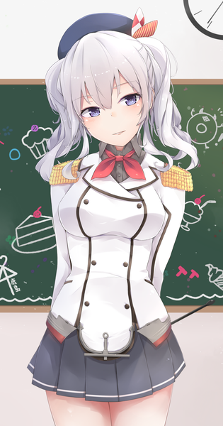 Anime picture 1040x1980 with kantai collection kashima training cruiser jenson tw single long hair tall image looking at viewer blush fringe breasts smile hair between eyes standing purple eyes twintails holding silver hair parted lips head tilt pleated skirt