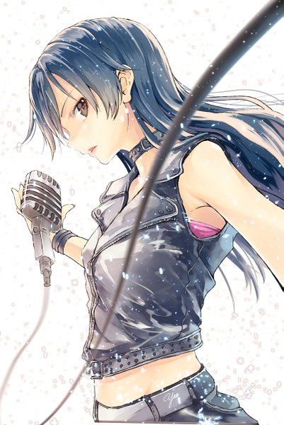 Anime picture 803x1200 with idolmaster kisaragi chihaya yae (mono110) single long hair tall image looking at viewer black hair brown eyes girl choker bracelet belt vest microphone cable