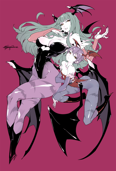 Anime picture 816x1200 with street fighter vampire / darkstalkers (game) capcom morrigan aensland lilith aensland fishine tall image fringe short hair breasts light erotic smile large breasts bare shoulders multiple girls signed yellow eyes looking away cleavage purple hair