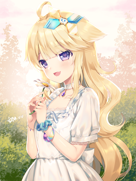 Anime picture 1200x1600 with original mvv single long hair tall image looking at viewer fringe open mouth blonde hair purple eyes holding signed animal ears payot upper body ahoge outdoors blunt bangs :d fang (fangs)