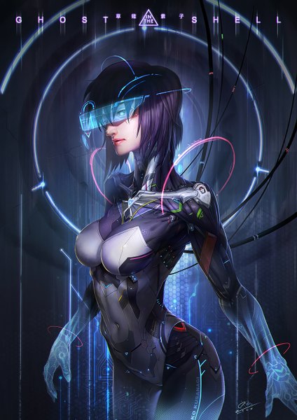 Anime picture 905x1280 with ghost in the shell ghost in the shell: stand alone complex production i.g kusanagi motoko seaway single tall image looking at viewer fringe short hair breasts light erotic hair between eyes large breasts standing signed purple hair one eye closed lips copyright name