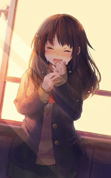 Anime picture 600x960 with original niichi (komorebi-palette) long hair tall image blush fringe open mouth brown hair standing pleated skirt sunlight tears crying sunbeam girl skirt uniform school uniform window