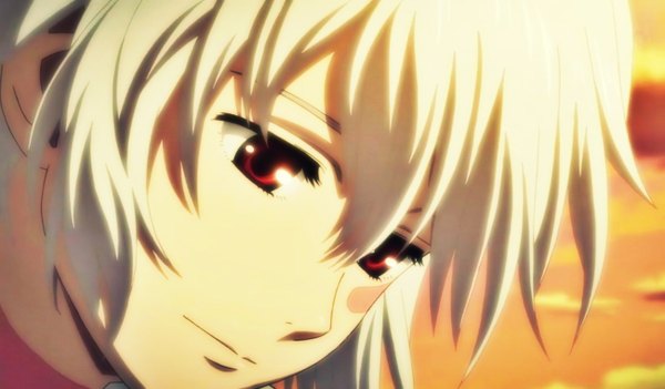 Anime picture 1299x762 with no.6 studio bones shion (no.6) short hair red eyes wide image white hair facial mark evening portrait sunset face vector face paint boy