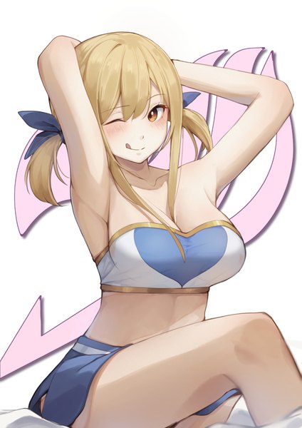 Anime-Bild 2828x4000 mit fairy tail lucy heartfilia mochigome (oekakisuki ch) single tall image fringe highres short hair breasts light erotic blonde hair hair between eyes large breasts sitting twintails brown eyes cleavage one eye closed wink armpit (armpits)