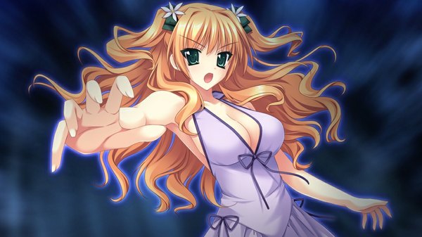 Anime picture 1024x576 with shion no ketsuzoku (game) single long hair open mouth blonde hair wide image green eyes game cg girl dress