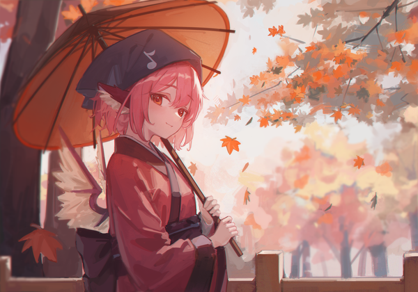 Anime picture 4000x2800 with touhou touhou mystia's izakaya mystia lorelei calcite single looking at viewer fringe highres short hair hair between eyes red eyes pink hair absurdres upper body traditional clothes japanese clothes autumn girl plant (plants) wings