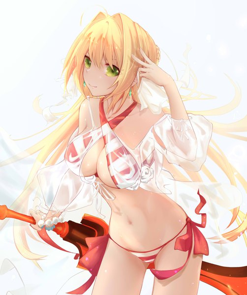 Anime picture 1736x2074 with fate (series) fate/grand order nero claudius (fate) (all) nero claudius (swimsuit caster) (fate) meo (1271884559) single long hair tall image looking at viewer highres breasts light erotic simple background blonde hair smile large breasts white background green eyes victory girl