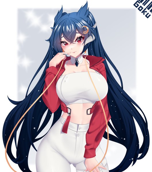 Anime picture 4500x5100 with original goku (artist) single long hair tall image looking at viewer blush fringe highres breasts light erotic smile hair between eyes red eyes large breasts standing signed blue hair absurdres long sleeves