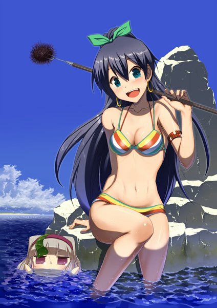 Anime picture 800x1131 with idolmaster puchimasu! ganaha hibiki takanya emanon123 single long hair tall image looking at viewer blush breasts open mouth blue eyes light erotic blue hair sky ponytail girl navel swimsuit