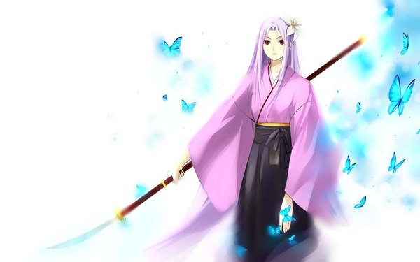 Anime-Bild 1024x640 mit ga-rei zero isayama mei kriss sison long hair simple background red eyes wide image white background silver hair traditional clothes japanese clothes hair flower girl hair ornament weapon insect butterfly spear