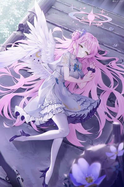 Anime picture 2000x3000 with blue archive mika (blue archive) rity single tall image looking at viewer highres yellow eyes pink hair full body very long hair from above light smile hair bun (hair buns) high heels white wings wrist scrunchie girl dress pantyhose