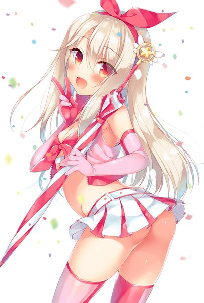 Anime picture 600x888 with fate (series) fate/kaleid liner prisma illya illyasviel von einzbern sazaki ichiri single long hair tall image looking at viewer blush fringe breasts open mouth light erotic simple background hair between eyes red eyes standing white background holding cleavage