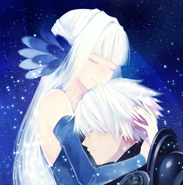 Anime picture 890x900 with odin sphere vanillaware gwendolyn oswald anina (pixiv) long hair tall image fringe short hair simple background smile white hair eyes closed hug light valkyrie girl boy hair ornament detached sleeves