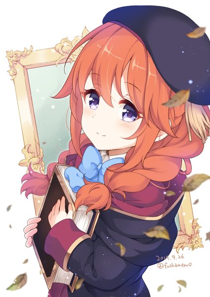 Anime picture 627x885 with princess connect! re:dive princess connect! yuni (princess connect!) fuusha single long hair tall image looking at viewer blush fringe hair between eyes purple eyes signed upper body braid (braids) from above light smile orange hair twitter username twin braids