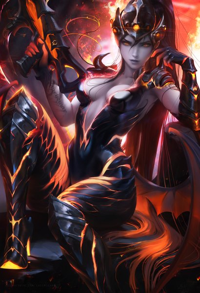 Anime picture 2395x3500 with overwatch blizzard entertainment widowmaker (overwatch) sakimichan single tall image looking at viewer fringe highres breasts light erotic black hair hair between eyes sitting cleavage ponytail very long hair realistic orange eyes demon wings