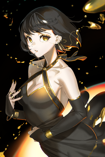 Anime picture 2480x3707 with original you-6-11 single tall image looking at viewer fringe highres short hair breasts black hair simple background large breasts standing yellow eyes cleavage nail polish parted lips fingernails tears piercing