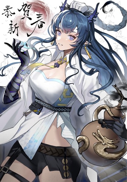 Anime picture 1668x2388 with arknights ling (arknights) ufoliving single long hair tall image fringe smile hair between eyes purple eyes holding blue hair looking away cleavage horn (horns) pointy ears hieroglyph girl gourd