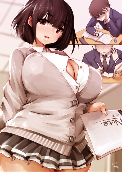 Anime picture 1003x1417 with original souryu tall image looking at viewer fringe short hair breasts light erotic brown hair standing sitting holding brown eyes signed cleavage indoors blunt bangs pleated skirt fingernails light smile