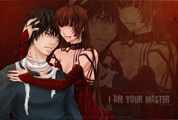 Anime picture 1200x814 with i am your master sofia (i am your master) cain (i am your master) eridaiho (artist) long hair short hair black hair simple background smile red eyes cleavage eyes closed inscription teeth fang (fangs) couple hug red background zoom layer vampire