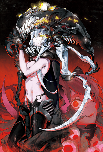 Anime picture 545x800 with kantai collection wo-class aircraft carrier airfield hime tsurukame long hair tall image breasts light erotic red eyes multiple girls yellow eyes looking away grey hair covered navel glowing glowing eye (eyes) white skin shinkaisei-kan girl gloves