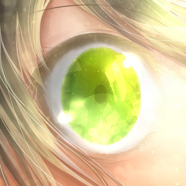 Anime picture 1024x1024 with original meiya (dia douya) single looking at viewer fringe blonde hair green eyes glowing close-up glowing eye (eyes) girl eye