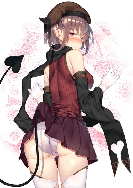 Anime picture 566x800 with original yappen single tall image blush short hair light erotic red eyes brown hair ass horn (horns) pointy ears girl thighhighs skirt gloves underwear panties detached sleeves miniskirt