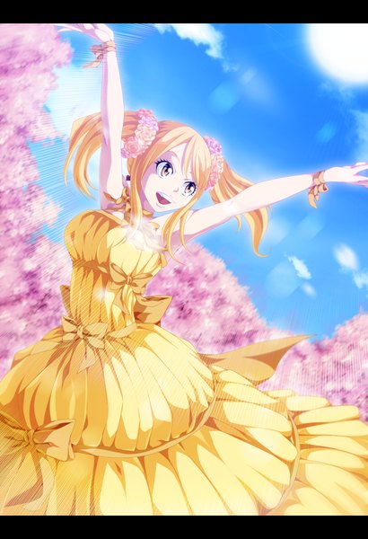 Anime picture 2000x2922 with fairy tail lucy heartfilia salim202 single long hair tall image highres open mouth blonde hair smile twintails brown eyes sky cloud (clouds) hair flower armpit (armpits) coloring cherry blossoms spread arms girl