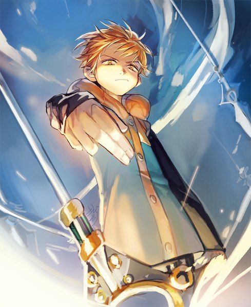 Anime picture 800x981 with nanatsu no taizai a-1 pictures king (nanatsu no taizai) tg (tg c apple) single tall image looking at viewer short hair yellow eyes sky upper body orange hair from below fighting stance >:( boy weapon hood spear