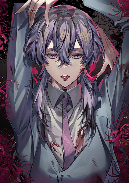 Anime picture 700x994 with tokyo revengers haitani rindou sal single long hair tall image looking at viewer fringe hair between eyes purple eyes purple hair upper body arms up blood on face bloody clothes boy flower (flowers) necktie blood higanbana