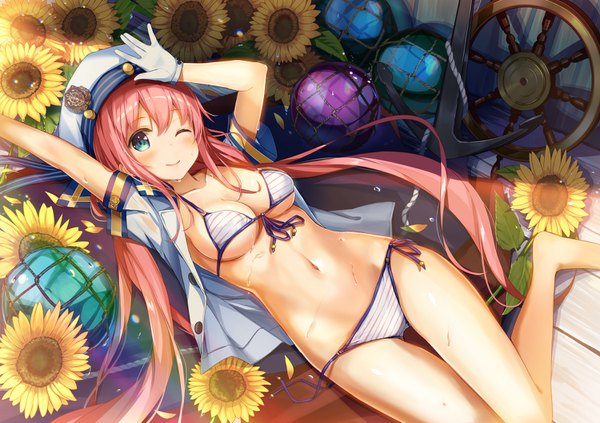 Anime-Bild 1500x1059 mit original yuuki yuu single looking at viewer blush fringe breasts light erotic smile hair between eyes pink hair cleavage full body bent knee (knees) lying very long hair one eye closed barefoot arm up aqua eyes