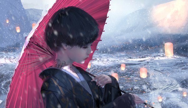 Anime picture 7458x4314 with ghost blade jade (ghost blade) wlop single highres short hair black hair wide image standing holding absurdres upper body outdoors eyes closed long sleeves traditional clothes japanese clothes profile wind blurry