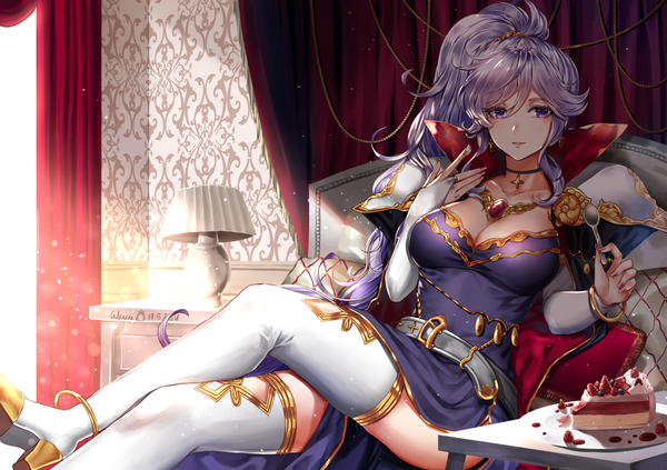 イラスト 1075x759 と ファイアーエムブレム ファイアーエムブレムヒーローズ 聖戦の系譜 nintendo ishtar (fire emblem) wani (fadgrith) ソロ 長髪 カメラ目線 赤面 前髪 おっぱい light erotic hair between eyes 大きな乳房 座る 紫目 holding signed payot