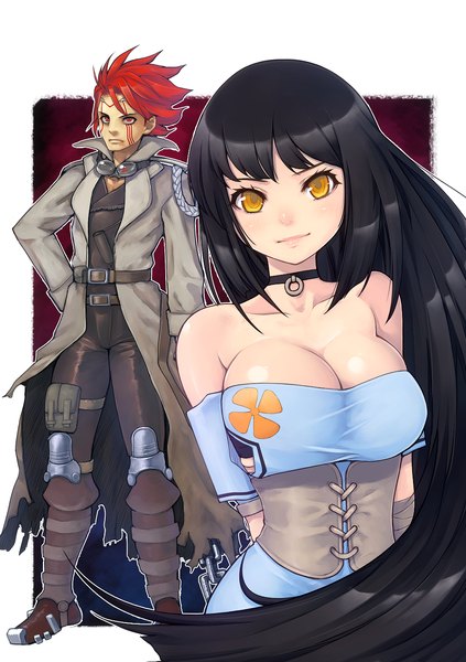 Anime picture 977x1386 with metal max metal max 3 mahito (artist) long hair tall image looking at viewer blush short hair breasts black hair red eyes bare shoulders yellow eyes cleavage red hair light smile lips hand on hip shiny skin torn clothes