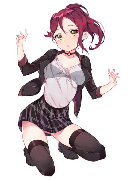 Anime picture 1075x1490 with love live! sunshine!! sunrise (studio) love live! sakurauchi riko tem10 single tall image blush short hair light erotic simple background white background yellow eyes full body ponytail red hair :o plaid skirt ass visible through thighs squat